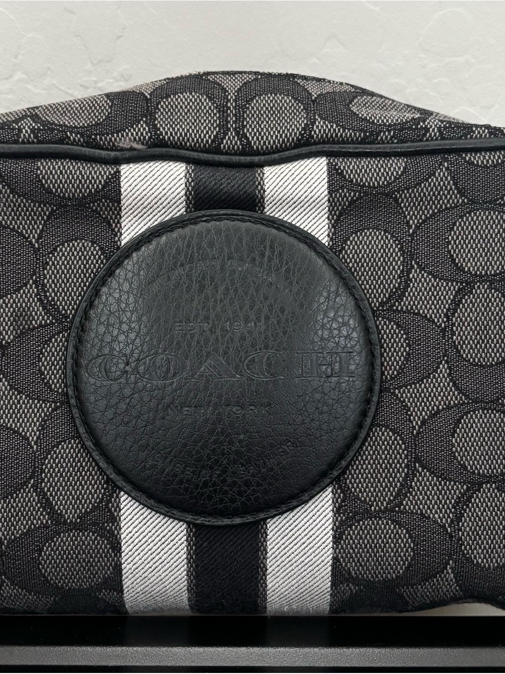 Coach Black and White Signature Stripe Cosmetic Case